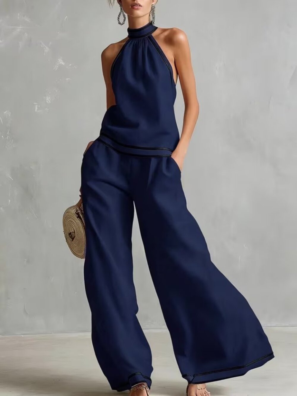 Navy Blue Halter Neck Top & Wide-Leg Pants Two-Piece Set XL XXL